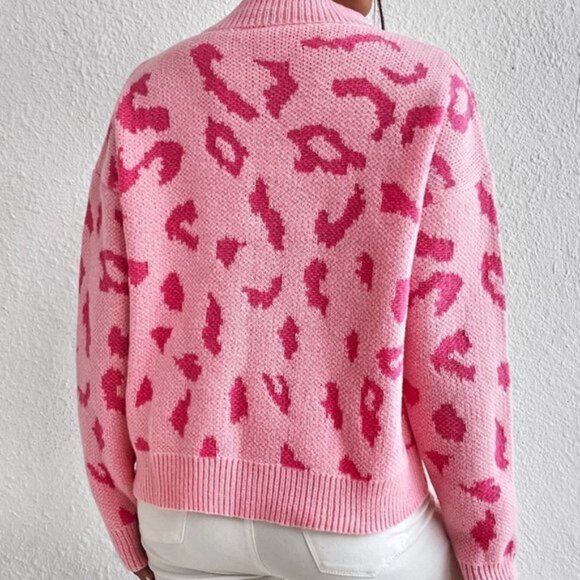 Casual Leopard Pattern Mock Neck Sweater Pink - Picture 3 of 5